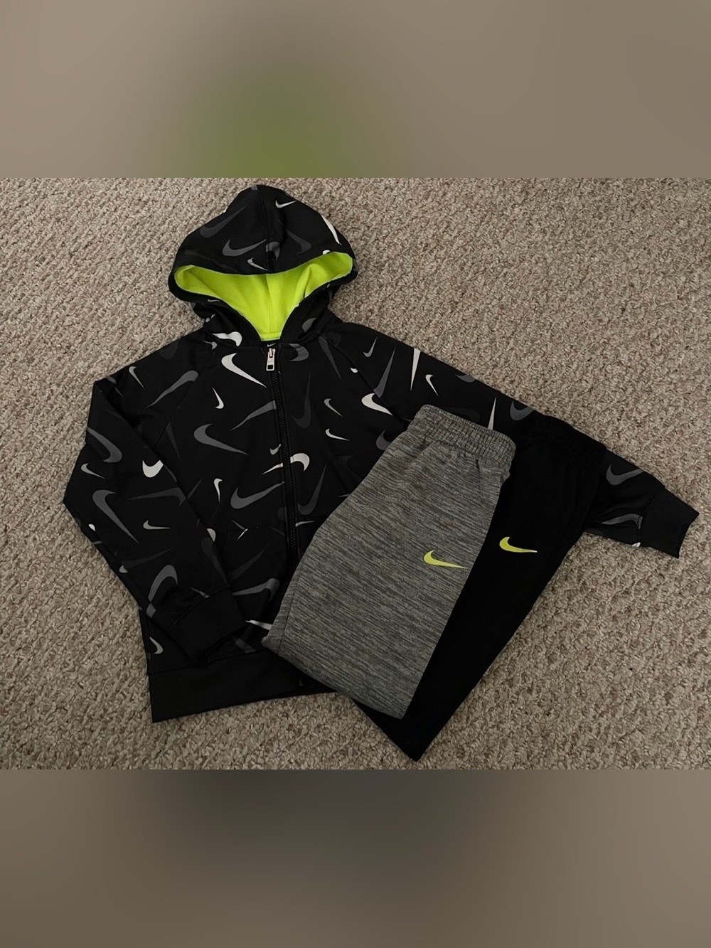 Nike Kids Black & Lime Green Swoosh Hoodie with Gray & Black Joggers